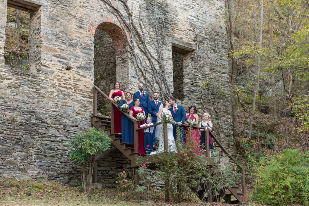 Wedding party dressed in semi formal attire at a wedding venue near Atlanta