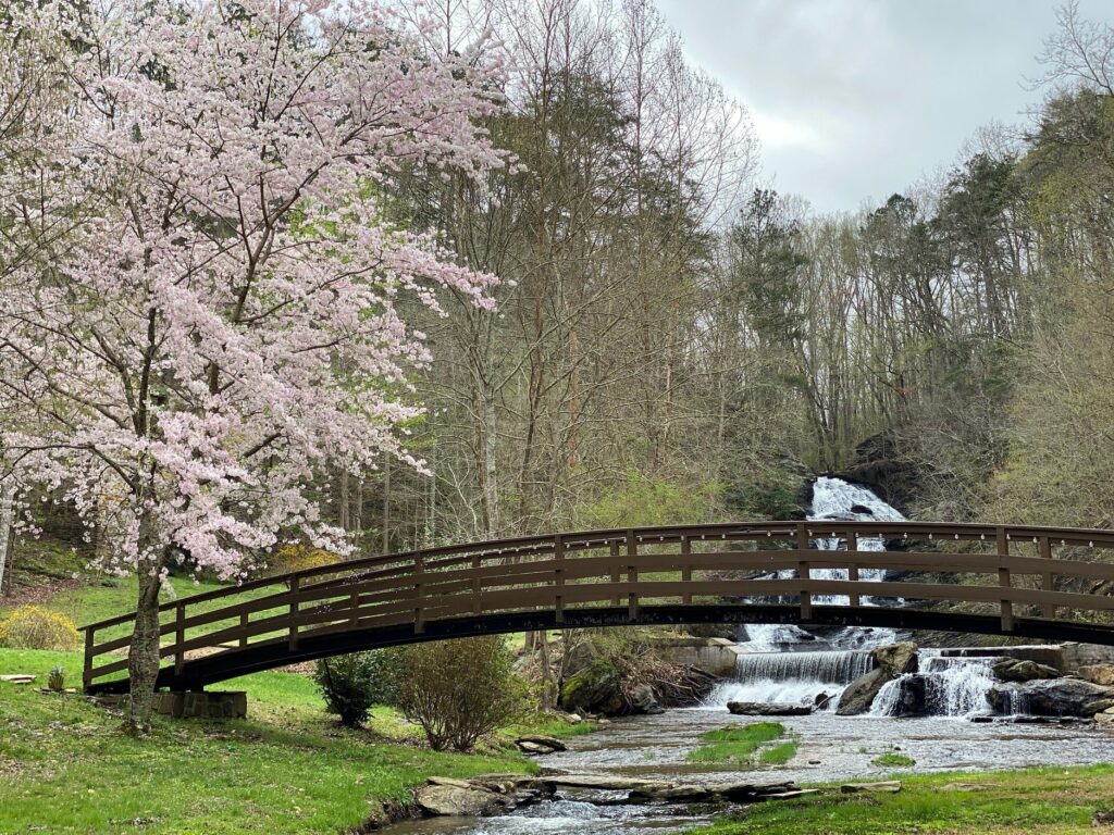 Outdoor wedding venue with indoor receptions, all inclusive packages and a waterfall near Atlanta during spring
