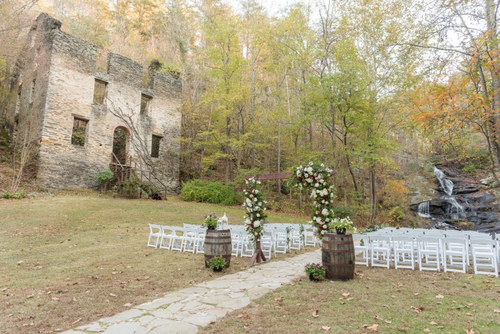 Waterfall wedding venue outdoor ceremony with gardens & historic ruins near Atlanta