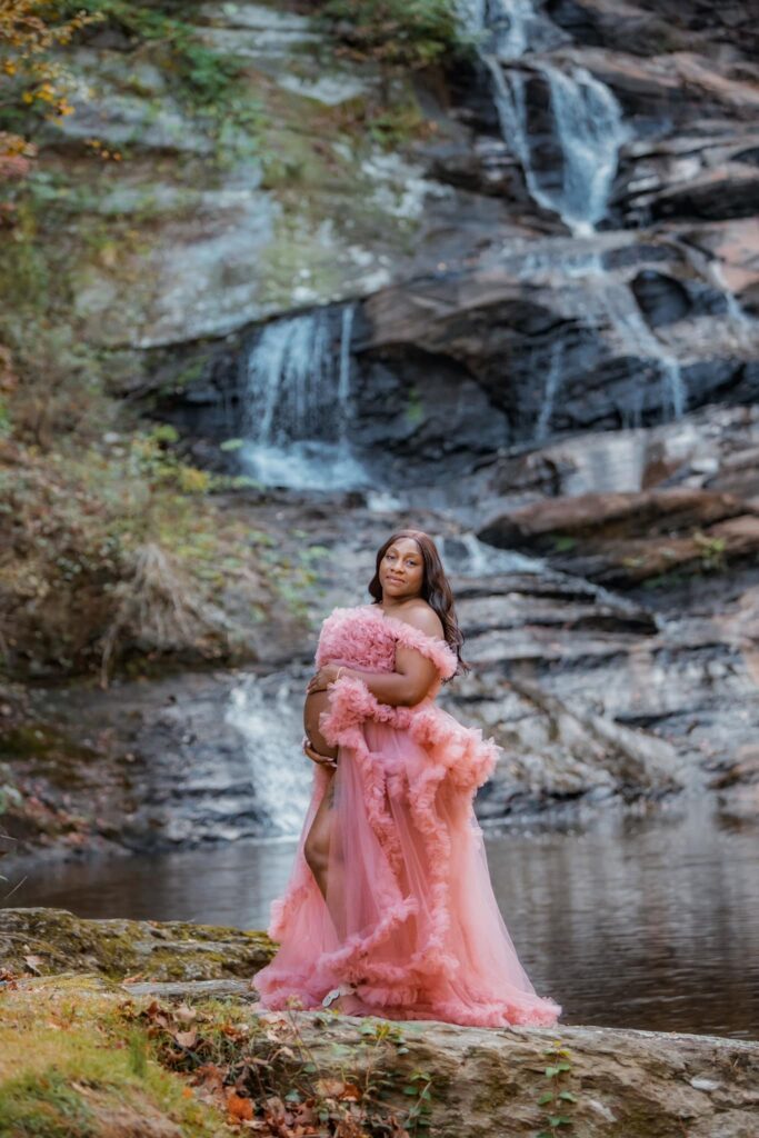 Beautiful maternity photo session at our waterfall wedding venue near Atlanta
