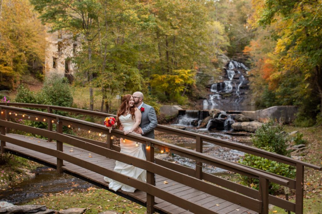 Atlanta wedding venue, bride & groom on their fall wedding day in North Georgia