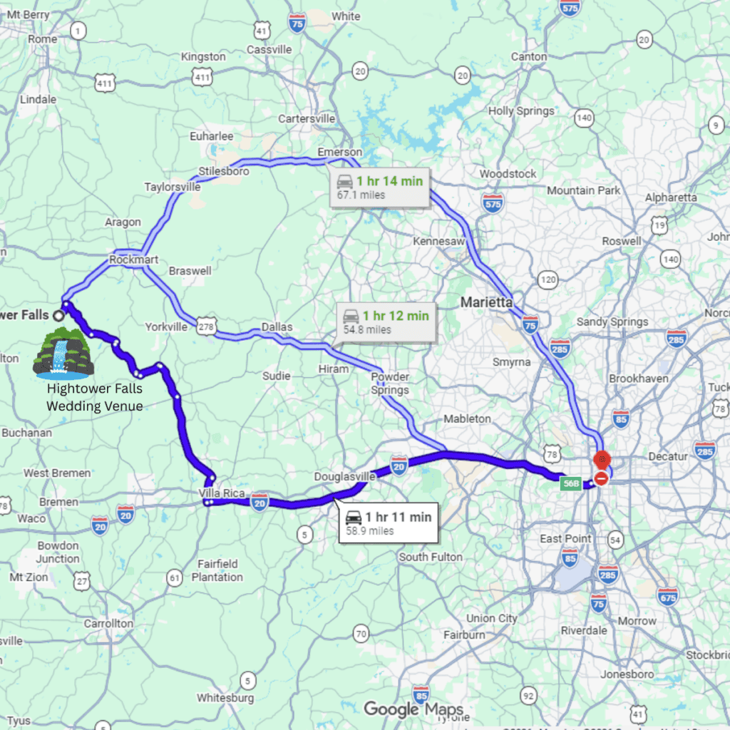 How far is Cedartown & Hightower Falls from Atlanta? Cedartown is a little over an hour west of Atlanta by car, depending on traffic and your starting location.
