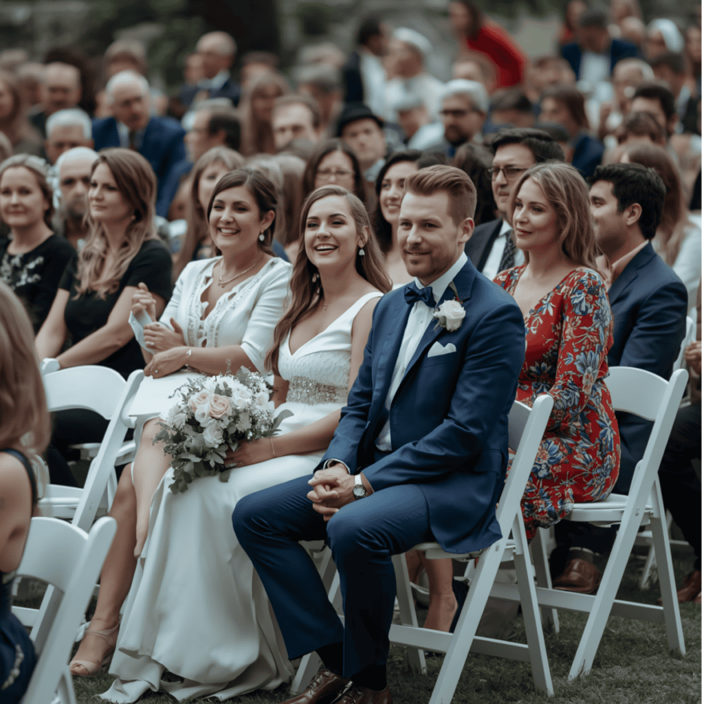 Wedding guests are enjoying the garden wedding ceremony as they wear formal attire for spring. 