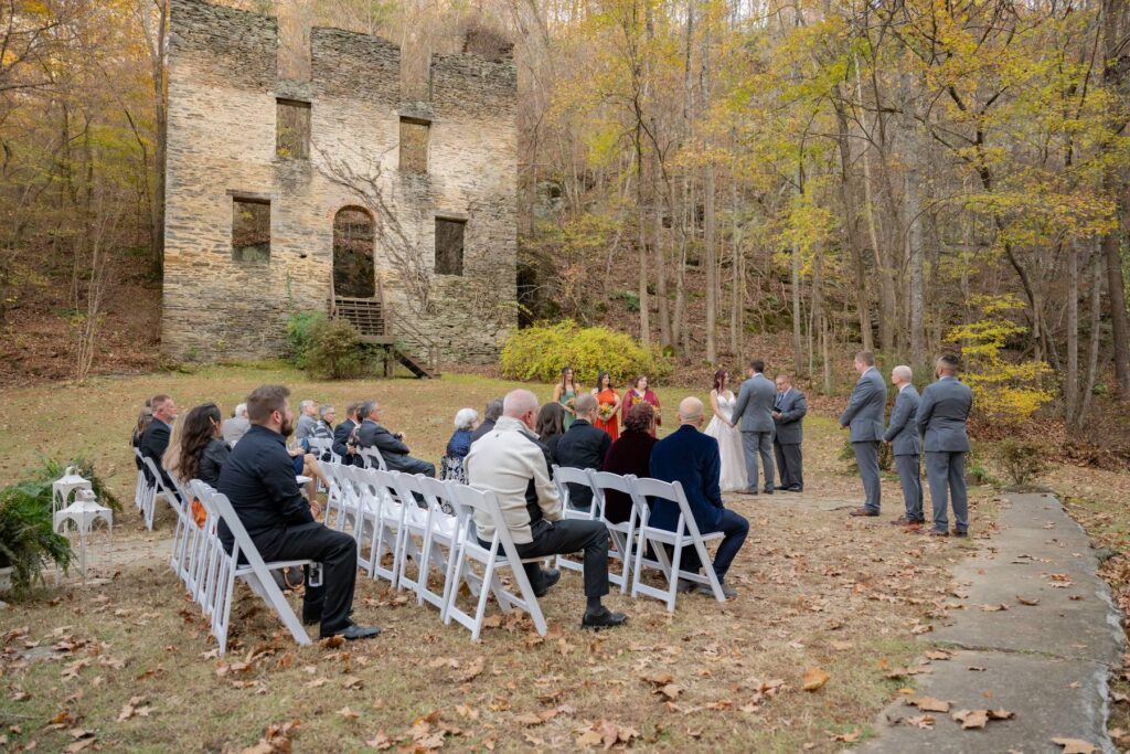 Historic North Georgia wedding venue with stone gristmill ruins, wooded scenery and a natural waterfall at Hightower Falls.